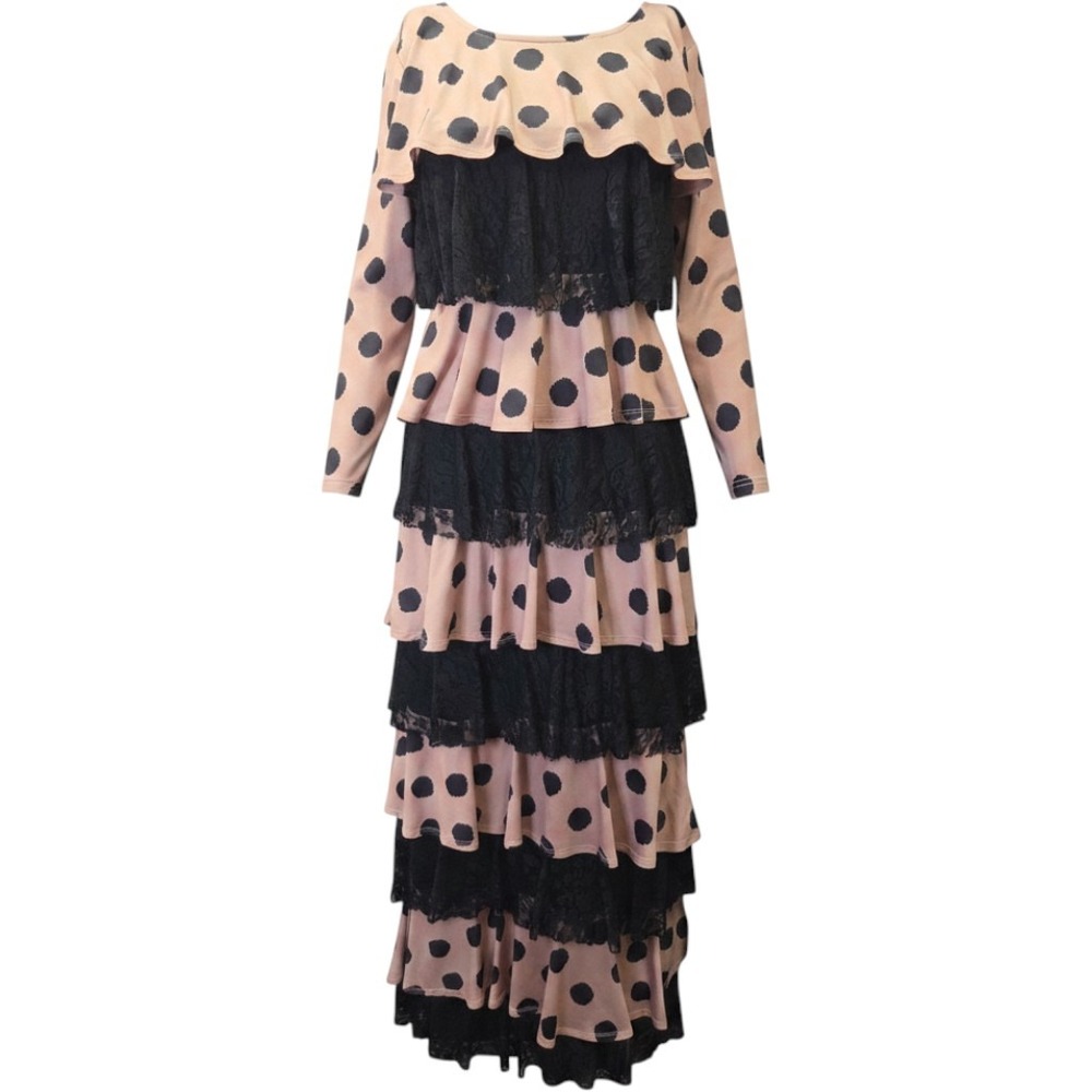 Dainty Jewell's Maxi Dress Women Small Tan Black Polka Dot Excellent Lace Tiered